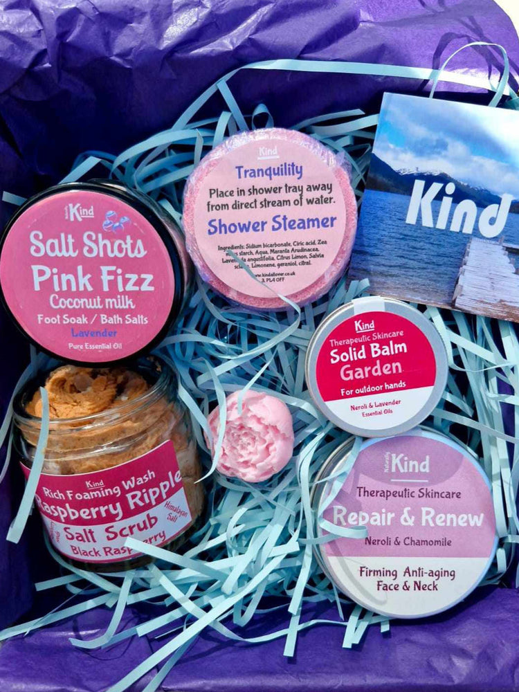 A Pamper Gift Box of natural Salts, Bath bombs, and natural skincare