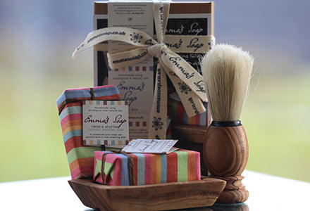 Shaving Gift box includes 2 bars of Emma's Shaving soap, on Olive wood soap dish and an Olive wood and pig hair shaving brush. The wood and hair from sustainable sources.