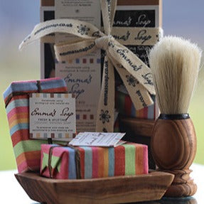 Shaving Gift box includes 2 bars of Emma's Shaving soap, on Olive wood soap dish and an Olive wood and pig hair shaving brush. The wood and hair from sustainable sources.